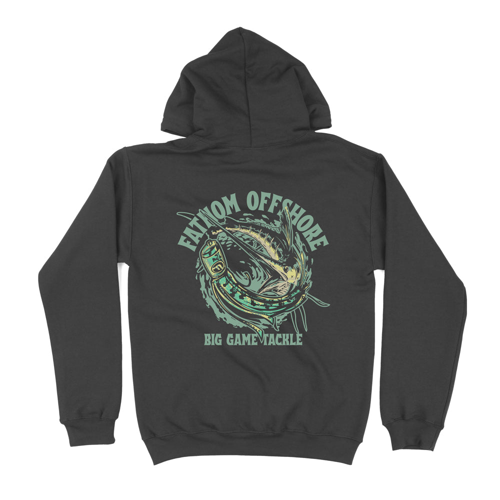 Dark gray hoodie with 'Fathom Offshore' Marlin Lure graphic on the back against a white background