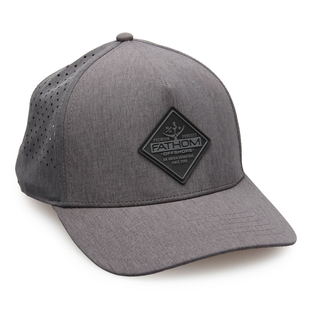 Charcoal performance fishing hat with grey and black rubber patch on front.