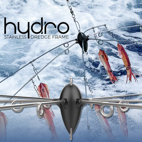 Fathom Offshore marlin dredge frame with HYDRO Stainless Dredge Frame text