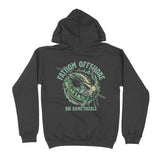 Dark gray hoodie with 'Fathom Offshore' Marlin Lure graphic on the back against a white background