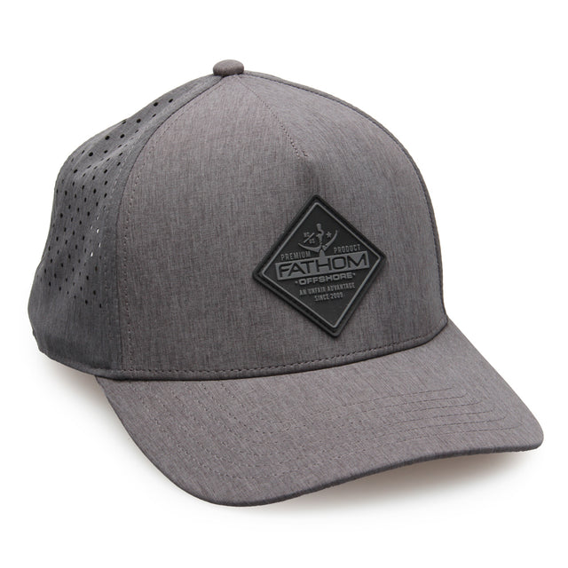 Charcoal performance fishing hat with grey and black rubber patch on front.