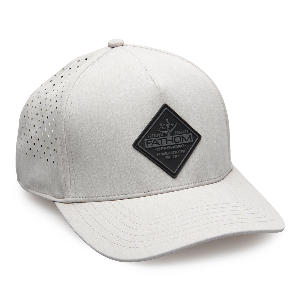 Gray offshore fishing hat with a black patch on a white background