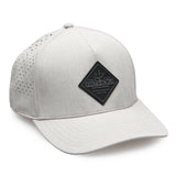 Gray offshore fishing hat with a black patch on a white background