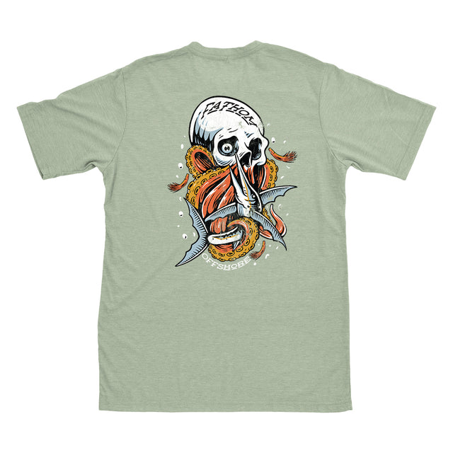 Fathom Offshore fishing t-shirt in sage green with skull and marlin
